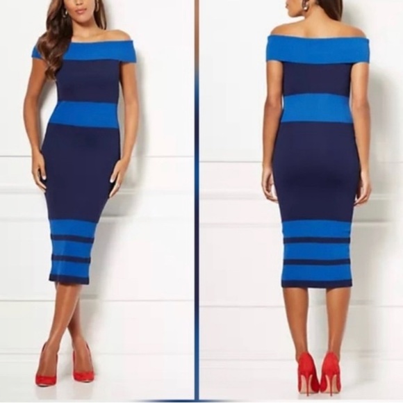 eva mendes for New York & Company Dresses & Skirts - Eva Mendes NY & Company Boat Neck Bodycon Blue Striped Chantelle Sweater Dress